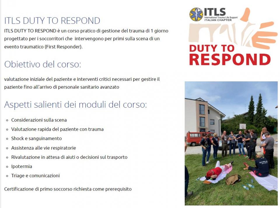 Corso Duty To Responde della ITLS - Gestione di Base del Trauma per Soccorritori