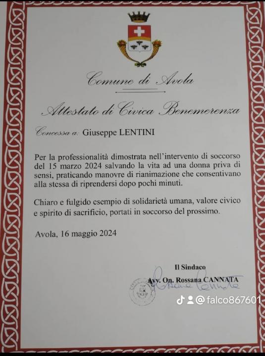 Attestazione di Benemerenza Civica ed Encomio per il Volontario Giuseppe Lentini