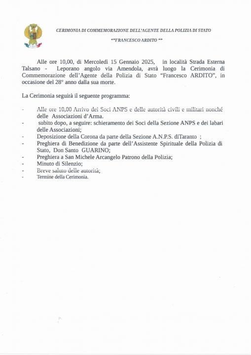 Commemorazione dell'Agente della Polizia di Stato Francesco ARDITO